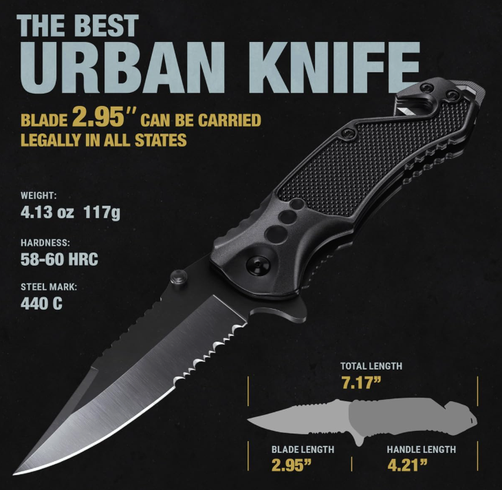 Tactical Folding Pocket Knife – 2.95" Serrated Blade with Glass Breaker & Seatbelt Cutter