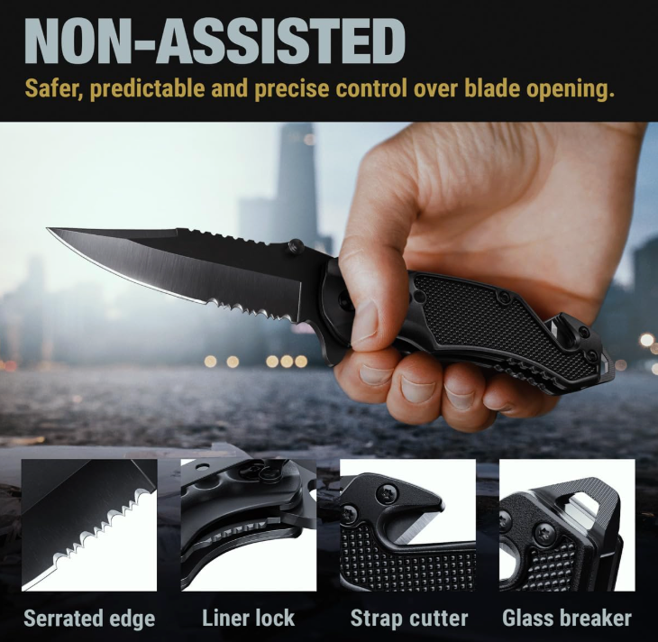 Tactical Folding Pocket Knife – 2.95" Serrated Blade with Glass Breaker & Seatbelt Cutter