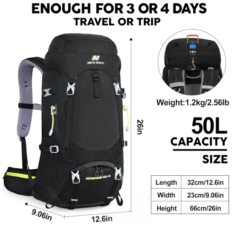 50L Internal Frame Backpack with Rain Cover