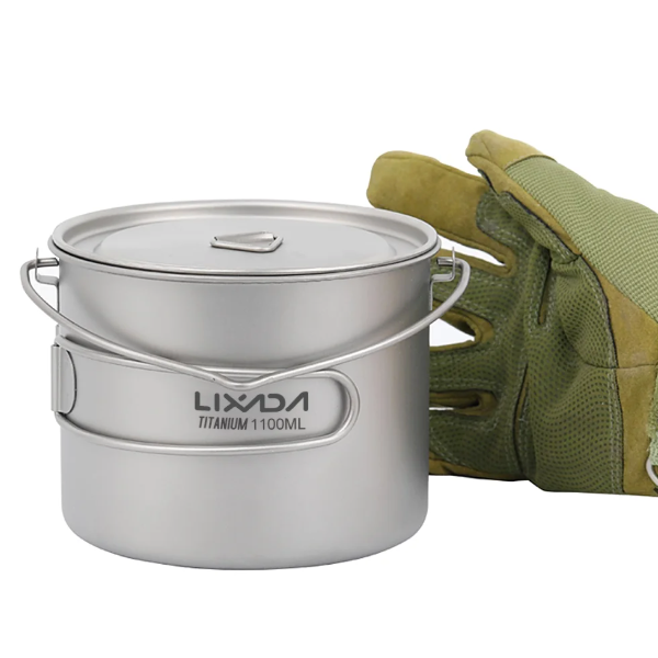 1100ml Titanium Pot – Ultralight Camping Pot with Lid & Foldable Handle