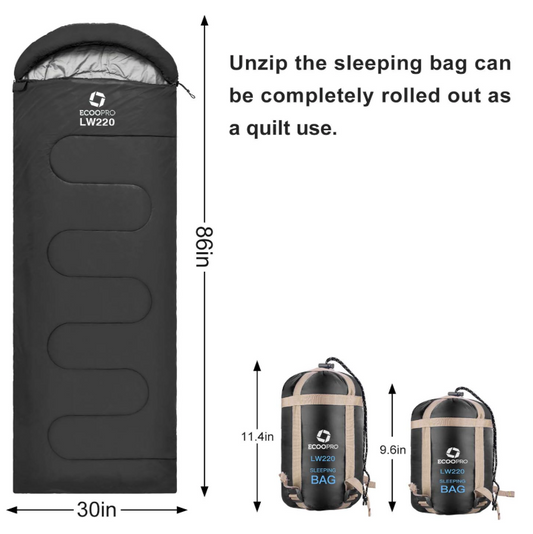 Lightweight Sleeping Bag with Compression Sack, Packs Small, Warm to 50°F