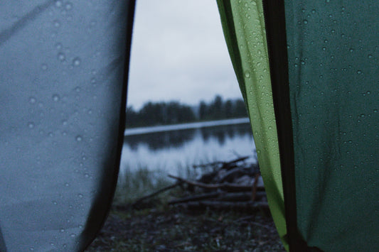 Rain-soaked tent flaps partially open to a misty lakeside view at dawn, with wet firewood and a forest treeline in the distance.