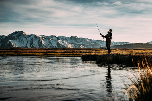 Person fly fishing at a river during sunset with snow-covered mountains in the background and golden grass along the shoreline.