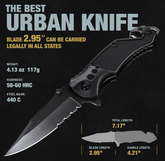 Tactical Folding Pocket Knife – 2.95" Serrated Blade with Glass Breaker & Seatbelt Cutter