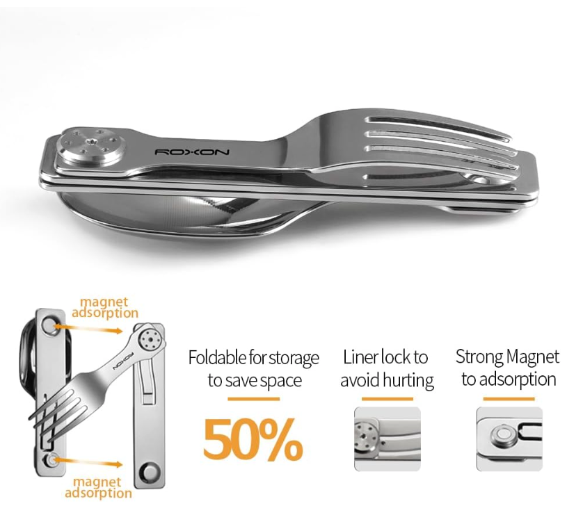 2-in-1 Camping Utensil – Folding Fork & Spoon, Detachable Stainless Steel Cutlery