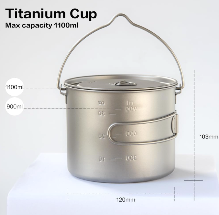 1100ml Titanium Pot – Ultralight Camping Pot with Lid & Foldable Handle