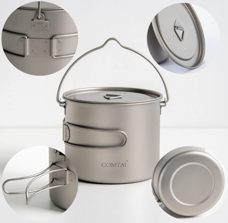 1100ml Titanium Pot – Ultralight Camping Pot with Lid & Foldable Handle