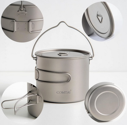1100ml Titanium Pot – Ultralight Camping Pot with Lid & Foldable Handle