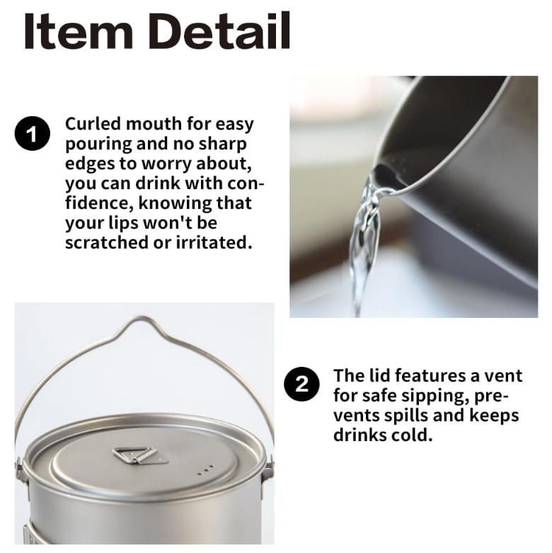 1100ml Titanium Pot – Ultralight Camping Pot with Lid & Foldable Handle